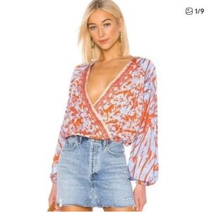 Free People Cruisin Together Blouse Red Combo Flowy Sleeves Cropped Size Small